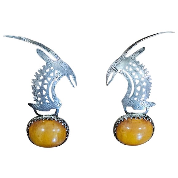 Butterscotch Amber Vintage Earrings 925 Sterling Silver Antelope Ibex Animal - Picture 2 of 6